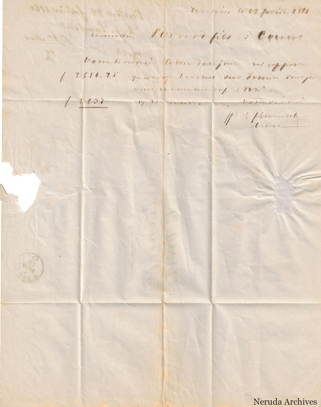 NRA-L-000112 image 2 showing a short French commercial letter dated at Verrieres with figures, a closing signature, a circular postal mark and a large left-edge paper loss.