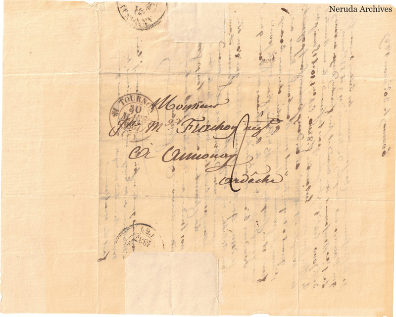 NRA-L-000524 image 1 showing a folded address panel to a Frachon correspondent with postal marks, routing notes, seals and visible folds.