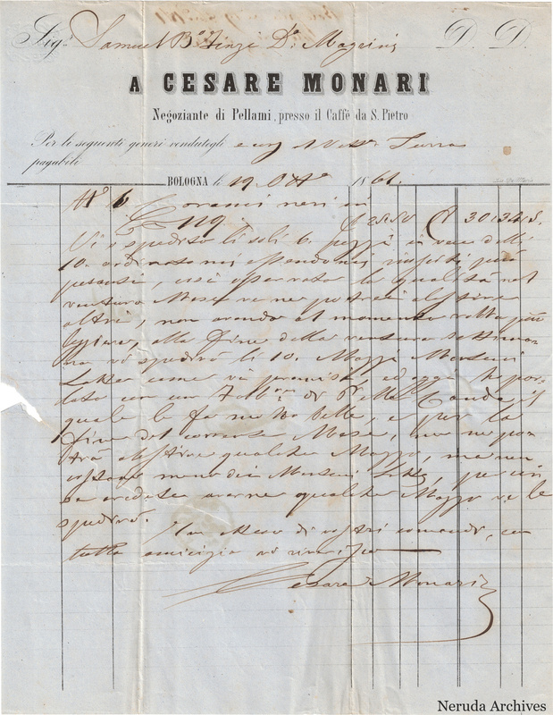NRA-L-000759 image 2 showing Cesare Monari's letter and invoice from Bologna dated 19 Ott° 1861, with signature and invoice figures.
