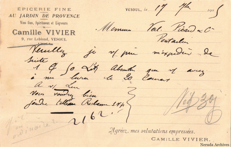 NRA-L-000282 image 2 showing the handwritten message from Camille Vivier to Veil-Picard & Cie, with contemporary annotations and the sender's signature or business mark.