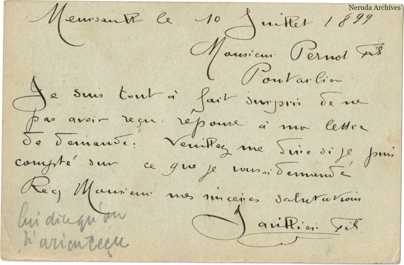 NRA-L-000249 image 2 showing the handwritten message from Gauthier Fils to Pernod Fils, with contemporary annotations and the sender's signature or business mark.