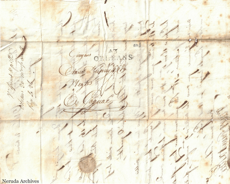NRA-L-000389 image 1 showing the folded address panel to Otard Dupuy & Cie in Cognac, with an Orléans postal mark and extensive handwritten account annotations.