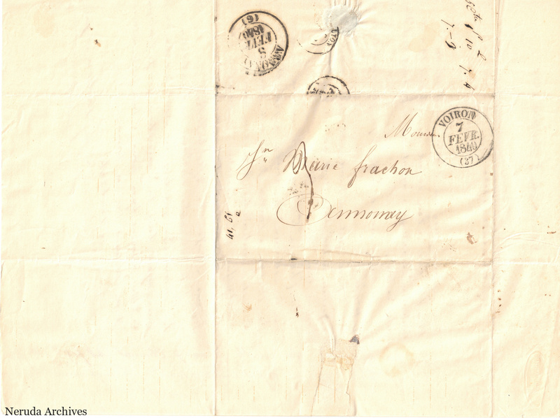 NRA-L-000511 image 1 showing a folded address panel to a Frachon correspondent with postal marks, routing notations and visible folds.