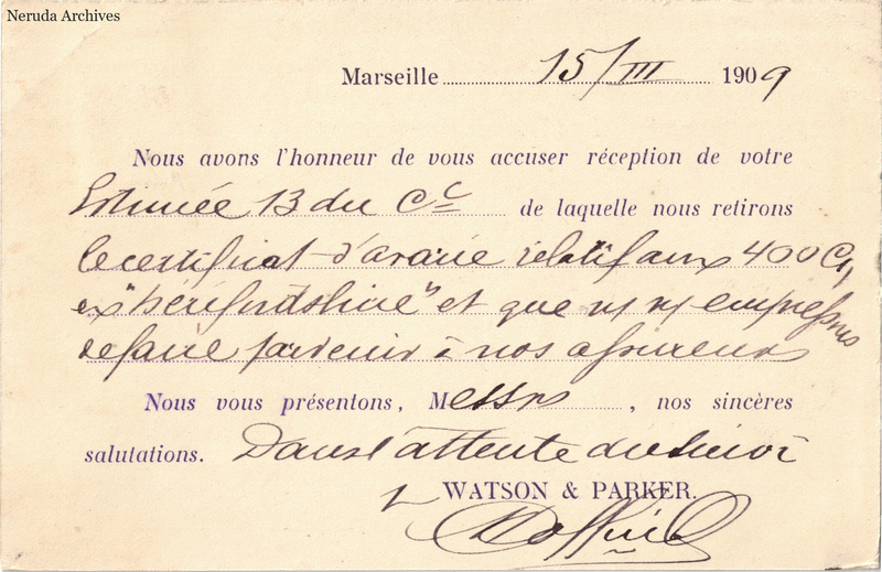 NRA-L-000222 image 2 showing the handwritten message from Watson & Parker to Veil-Picard & Cie, with contemporary annotations and the sender's signature or business mark.