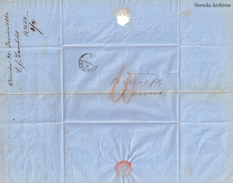 NRA-L-000107 image 1 showing the folded address panel to Pernod fils in Couvet with a circular postal mark, red rate notation, docketing, a seal remnant and a paper loss.
