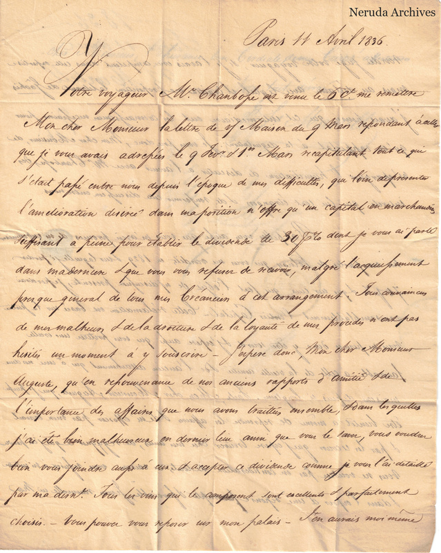 NRA-L-000400 image 2 showing the first page of a long handwritten French letter dated in Paris, with folds and dense text.
