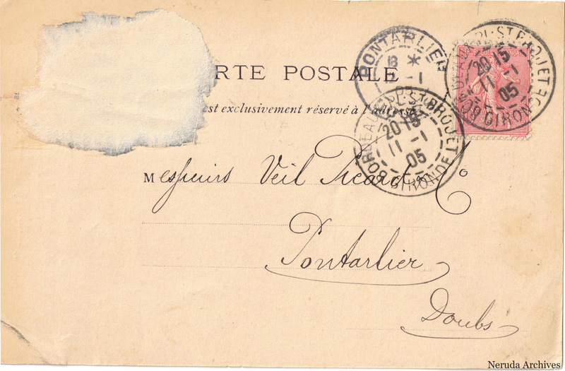 NRA-L-000219 image 1 showing the address side of a postcard sent by James Moss & Co. to Veil-Picard & Cie, with contemporary postal and business marks.