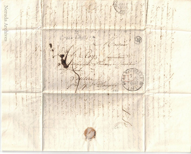 NRA-L-000006 image 1 showing the address panel, exterior postal marks and seal for Guigne's 1839 French letter to Monsieur Le Roy.