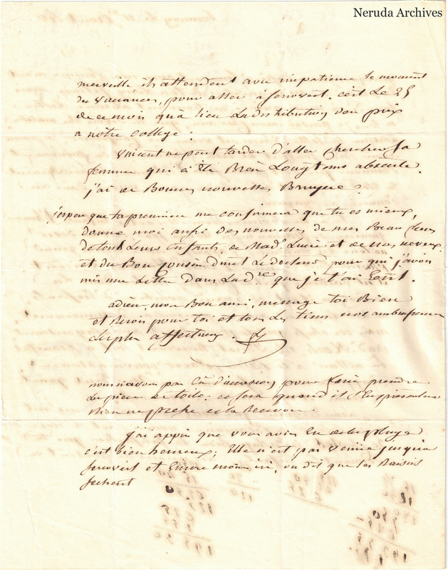 NRA-L-000596 image 3 showing a handwritten French letter continuation with closing, retained marginal or later annotations, visible folds and complete physical paper edges.