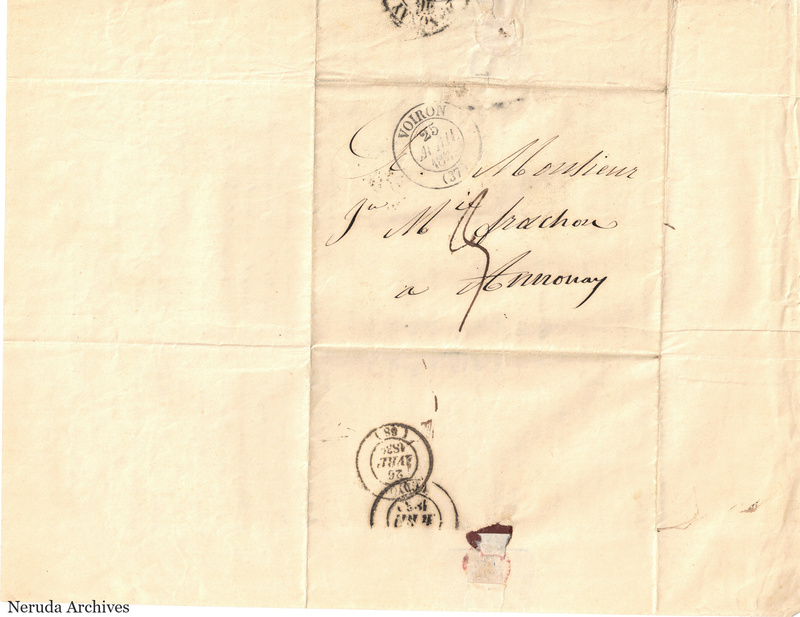 NRA-L-000504 image 1 showing a folded address panel to a Frachon correspondent with postal marks, routing notations and visible folds.
