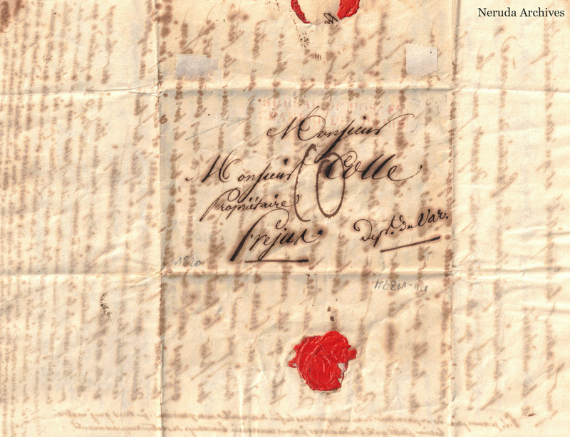 NRA-L-000150 image 1 showing the folded address panel to Monsieur Colle, proprietor in Fréjus, with two red wax seals, surrounding manuscript text and prominent folds.