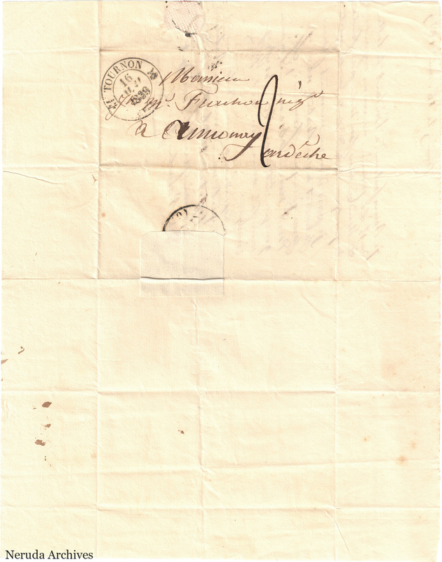 NRA-L-000574 image 1 showing a folded address panel to a Frachon correspondent with postal marks, routing notes, seals, folds and retained annotations.