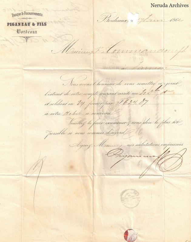 NRA-L-000430 image 2 showing the letter from Piganeau & Fils in Bordeaux dated 17 January 1862, addressed to Comandon & Cie, with the firm's signature and a red closure seal at the lower edge.