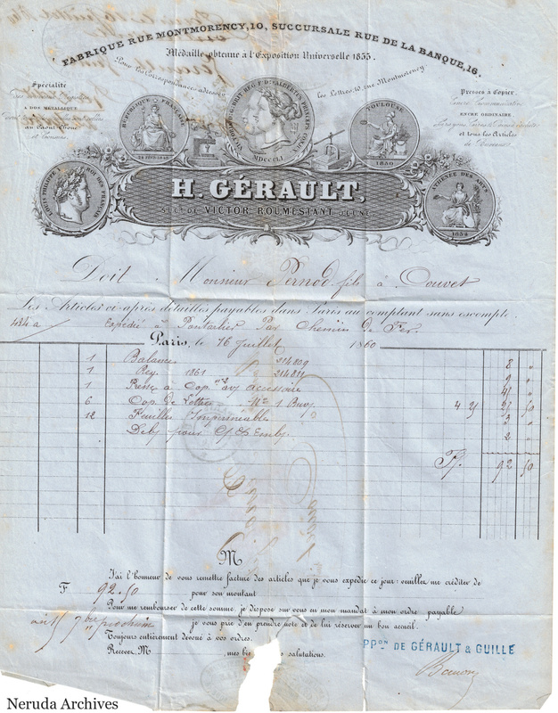 NRA-L-000121 image 2 showing an illustrated H. Gerault commercial invoice and account addressed to Pernod fils, with handwritten entries, letter text, signatures, folds and lower-edge damage.