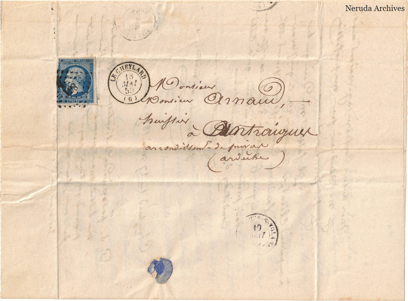 NRA-L-000040 image 1 showing address to bailiff Arnaud in Antraigues, with stamp and postal evidence.