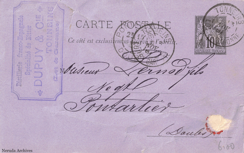NRA-L-000300 image 1 showing the address side of a postcard sent by Dupuy & Cie to Pernod Fils, with contemporary postal and business marks.