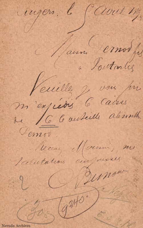 NRA-L-000180 image 2 showing the handwritten postcard message sent from Angers, with absinthe-trade correspondence and the sender's signature.