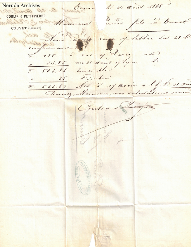 NRA-L-000084 image 2 showing a French manuscript letter on Coulin and Petitpierre letterhead with commercial calculations, signature and a small lower-edge loss.