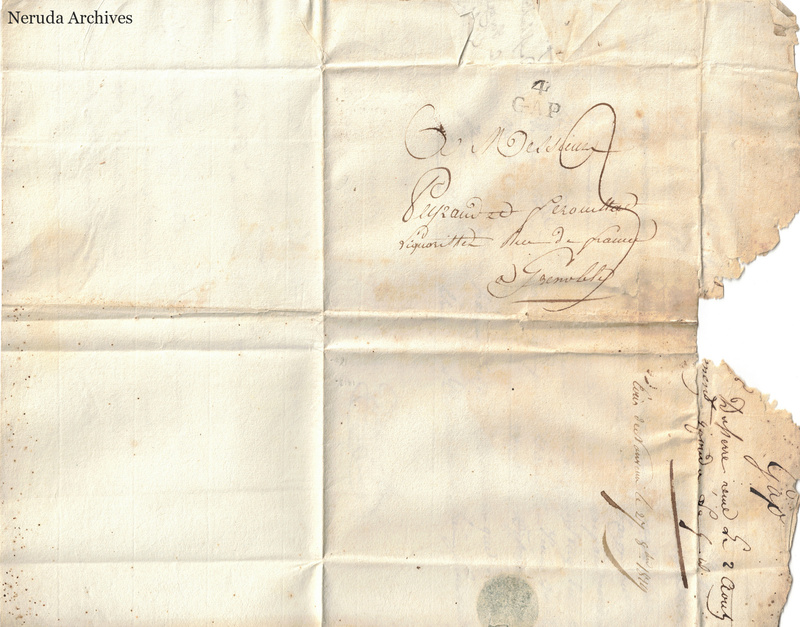 NRA-L-000621 image 3 showing the address to liqueur merchants in Grenoble, the GAP postal mark and a torn docket flap.