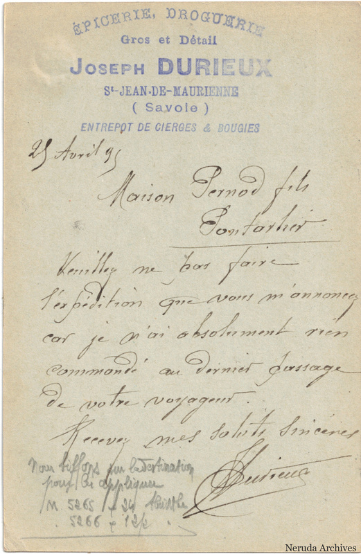 NRA-L-000287 image 2 showing the handwritten message from Joseph Durieux to Pernod Fils, with contemporary annotations and the sender's signature or business mark.