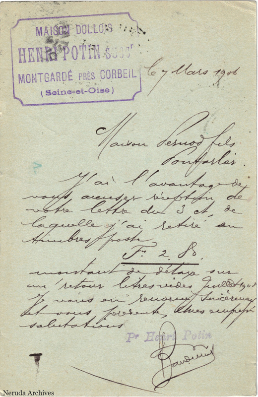 NRA-L-000213 image 2 showing the handwritten message from Henri Potin, Maison Dollois to Pernod Fils, with contemporary annotations and the sender's signature or business mark.