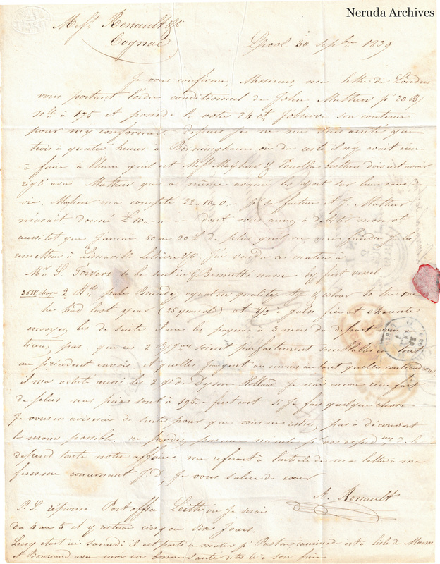 NRA-L-000390 image 2 showing a long handwritten French commercial letter dated 30 September 1839, with signature, postscript and a red sealing remnant at the right edge.