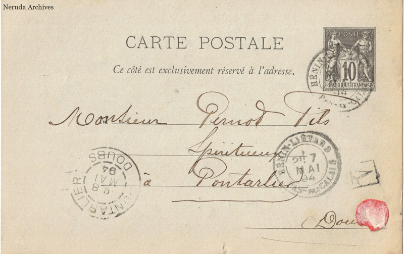 NRA-L-000336 image 1 showing the address side of a postcard sent by Willefert to Pernod Fils, with contemporary postal and business marks.