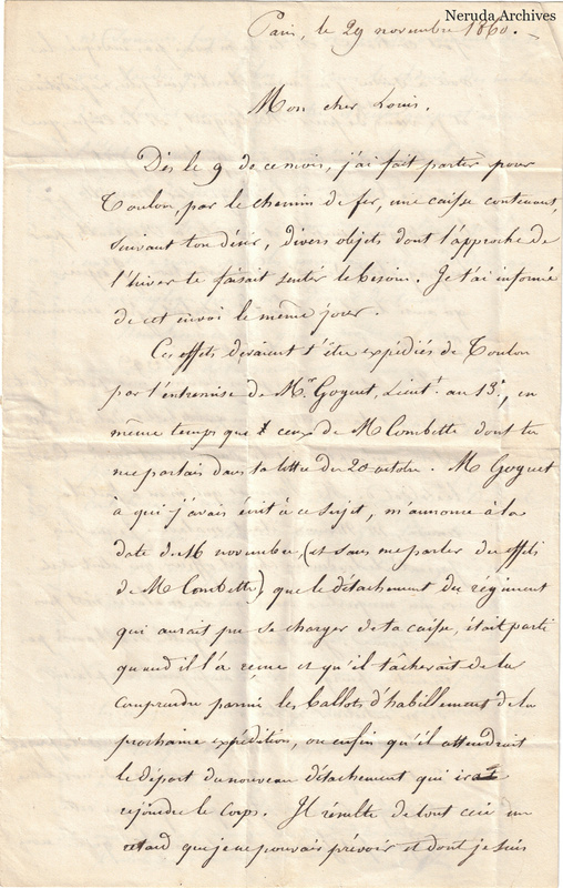 NRA-L-000044 image 2 showing page 1 of the letter from Paris, dated 29 November 1860.