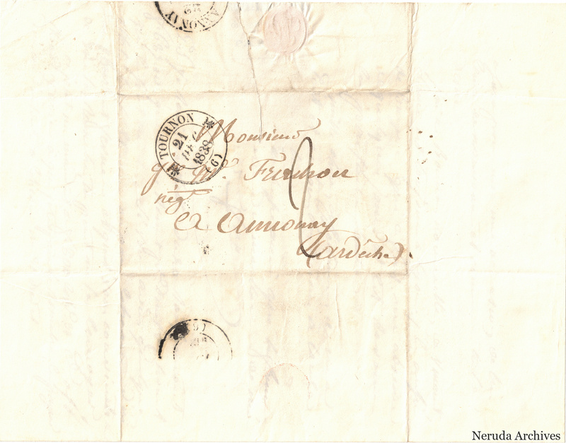 NRA-L-000533 image 1 showing a folded address panel to a Frachon correspondent with postal marks, routing notes, seals and visible folds.