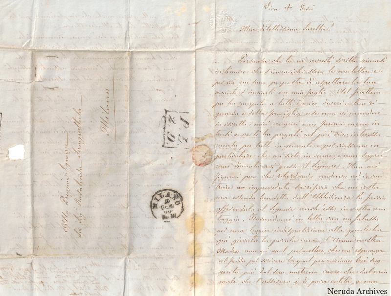 NRA-L-000642 image 1 showing the address panel, postal evidence and opening Italian manuscript text on an unfolded historical letter.