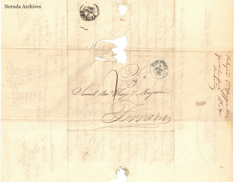 NRA-L-000703 image 1 showing the address panel, postal impressions, seal remains and filing evidence in the Bologna letter of 1 May1852.