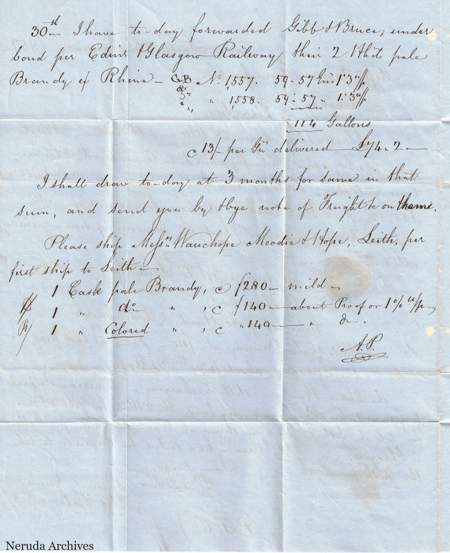 NRA-L-000401 image 3 showing the continuation of an English commercial letter with brandy prices, forwarding instructions and initials on blue paper.