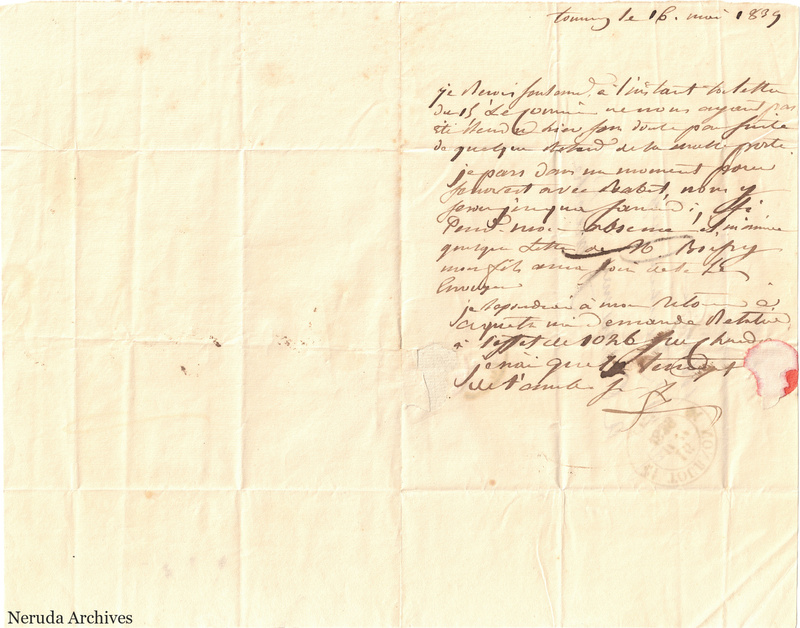 NRA-L-000574 image 2 showing a handwritten French letter continuation with closing, signature, later notes, folds and paper edges.