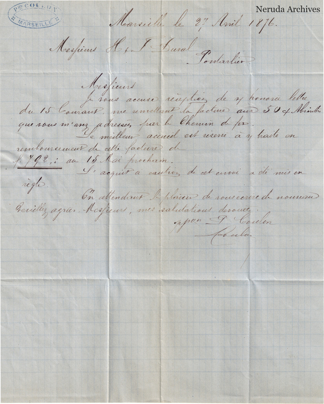 NRA-L-000137 image 2 showing a handwritten commercial letter from Marseille to H. and F. Duval, with dated heading, financial amount, signature and folds.