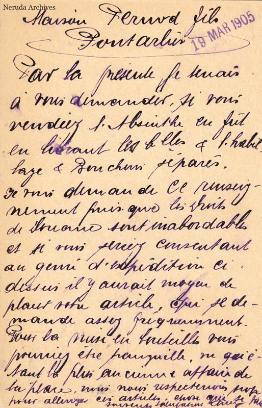 NRA-L-000167 image 2 showing a vertically written French message dated 19 March 1905 concerning absinthe, with a signature and marginal writing.
