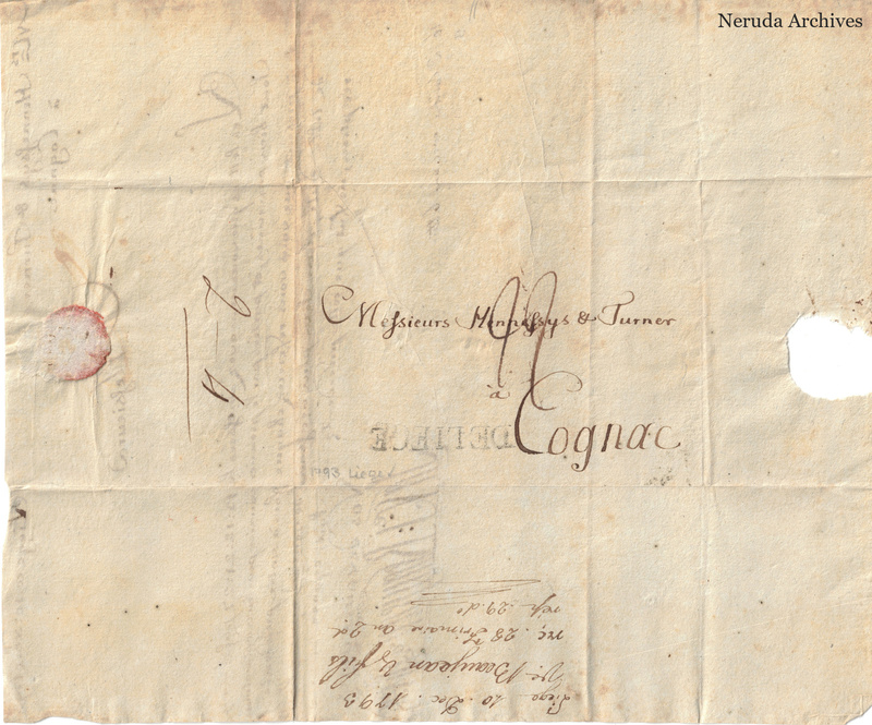 NRA-L-000395 image 1 showing the folded address panel to Hennessy & Turner in Cognac, with a red sealing remnant and manuscript docketing.
