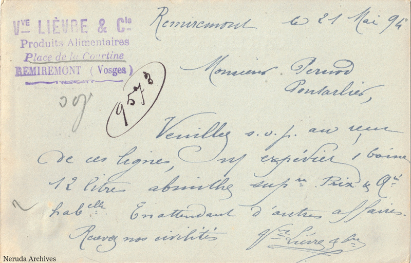 NRA-L-000269 image 2 showing the handwritten message from Veuve Lièvre & Cie to Pernod Fils, with contemporary annotations and the sender's signature or business mark.