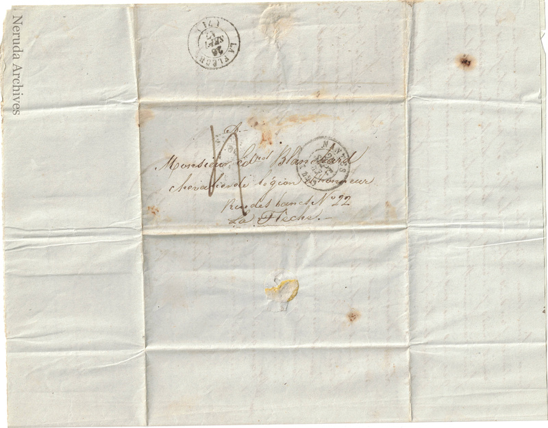 NRA-L-000018 image 1 showing the address panel and postal marks for G. C. de Coriolis's letter to Edouard Blanchard in La Flèche.