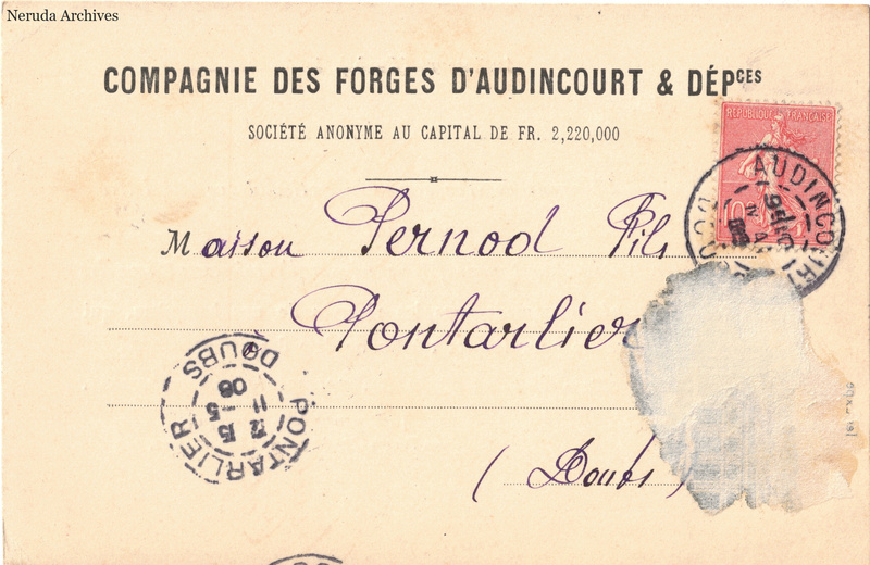 NRA-L-000224 image 1 showing the address side of a postcard sent by Compagnie des Forges d'Audincourt et Dépendances to Pernod Fils, with contemporary postal and business marks.