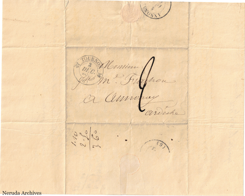 NRA-L-000523 image 1 showing a folded address panel to a Frachon correspondent with postal marks, routing notes, seals and visible folds.