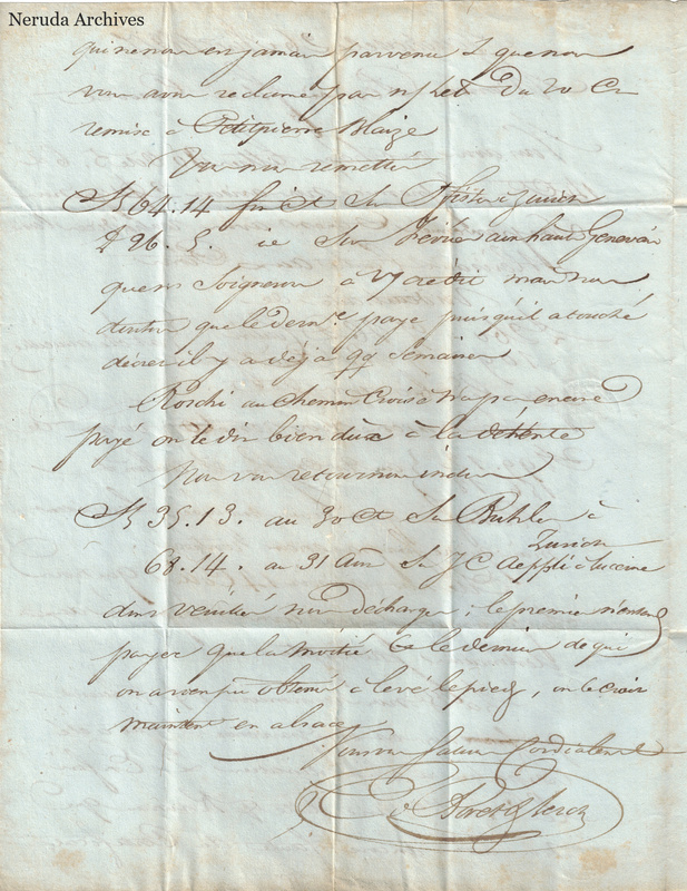 NRA-L-000082 image 3 showing the continuation of the French manuscript letter with calculations, closing text and signature.