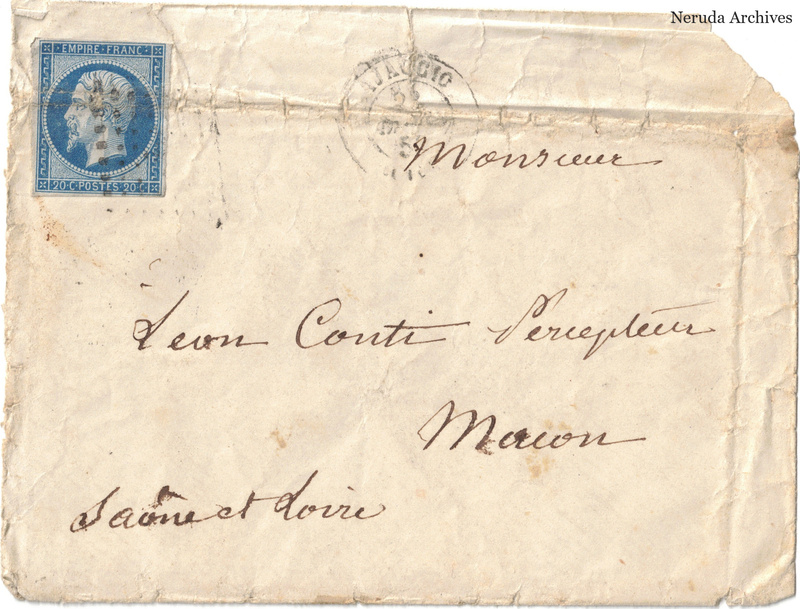 NRA-L-000051 image 1 showing the address panel to an addressee in Mâcon, with a blue postage stamp and postal cancellations.