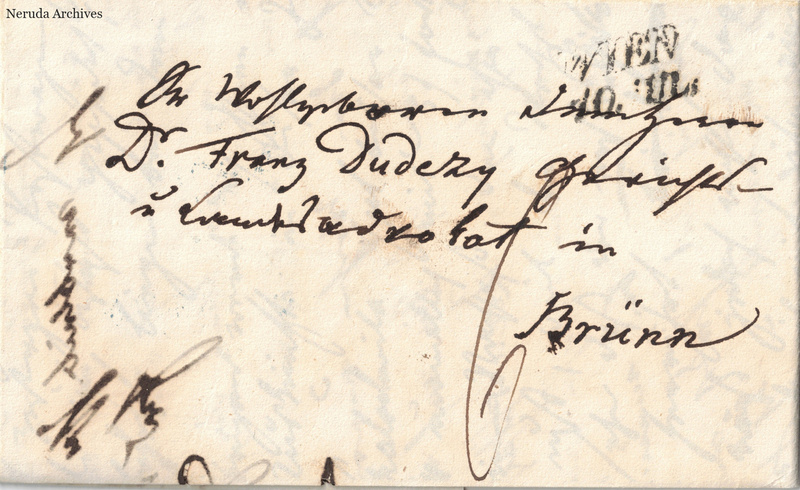 NRA-L-000149 image 1 showing the German-language address panel to Dr Franz Dudezy, advocate and provincial advocate in Brno, with a rectangular Vienna postal mark, manuscript rate marks, folds and a small lower-edge loss.