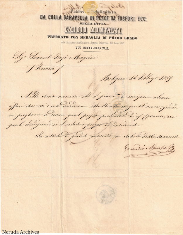 NRA-L-000756 image 2 showing the business letter dated 1859-02-14 from Bologna, including the printed Montalti factory heading and handwritten signature.