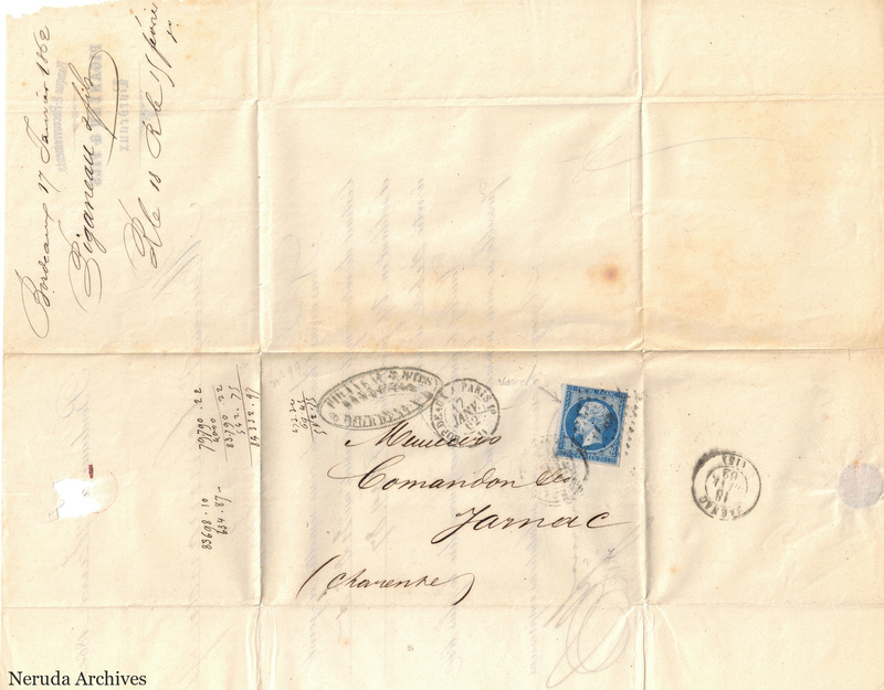 NRA-L-000430 image 1 showing the folded address panel to Comandon & Cie in Jarnac, a blue French 20-centime stamp, circular postmarks and account docketing.