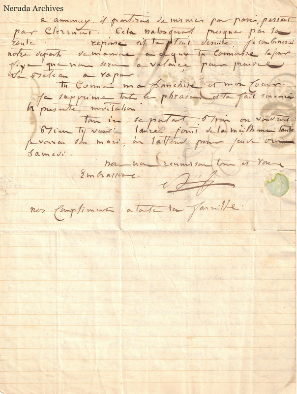 NRA-L-000477 image 4 showing the closing page of a French family letter with final lines, a signature, family greetings, folds and a green seal remnant.