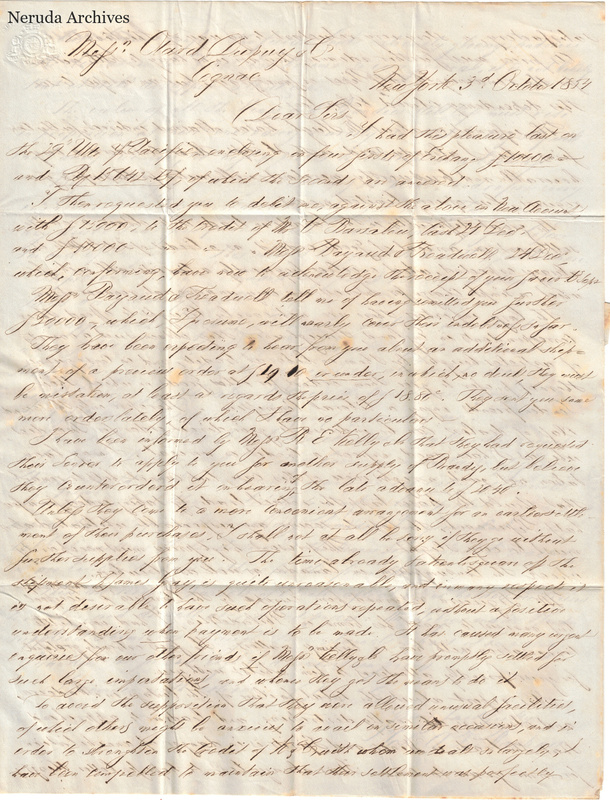 NRA-L-000404 image 2 showing the first page of a densely written English commercial letter from New York, with folds and postal offsetting.
