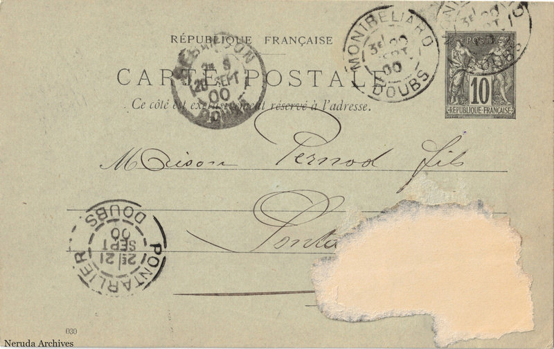 NRA-L-000211 image 1 showing the address side of a postcard sent by Jules Berlin to Pernod Fils, with contemporary postal and business marks.