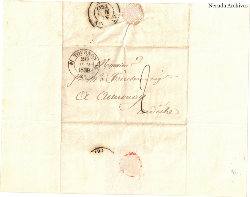 NRA-L-000584 image 1 showing a folded address panel to a Frachon correspondent with postal marks, routing notes, seals, folds and retained annotations.