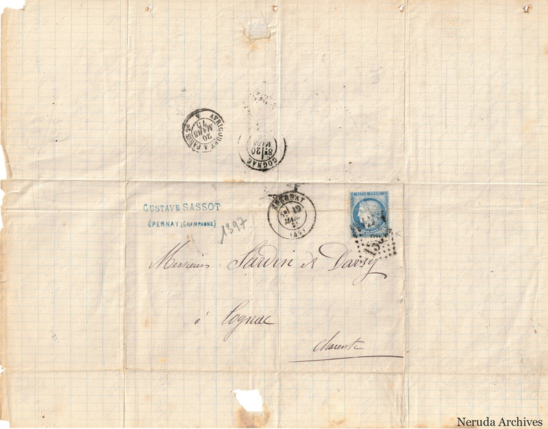 NRA-L-000399 image 1 showing a folded ruled-paper address panel to a firm in Cognac, with a blue postage stamp, postal marks, holes and docketing.
